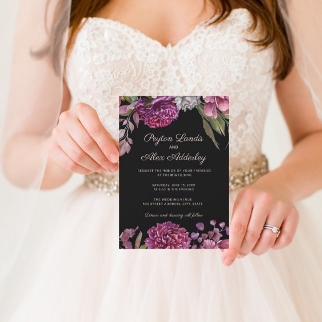 Moody Black Purple Flowers Wedding Invitation (Creator Uploaded)