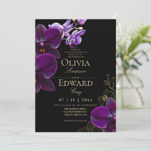 Moody Black Purple Tropical Bloom Orchid Wedding Invitation