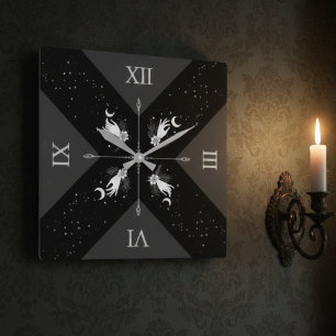 Moody Black Silver Witchy Goth Home Décor Square Wall Clock