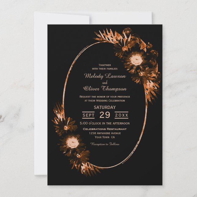 Moody Black with Burnt Orange Floral Wedding Invitation (Front)