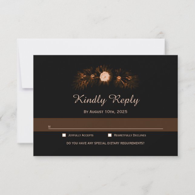 Moody Black with Burnt Orange Floral Wedding RSVP Card (Front)