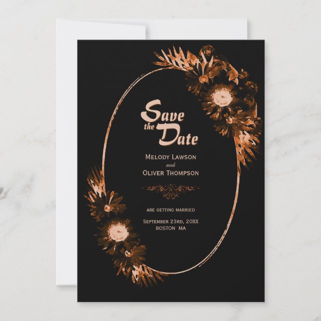 Moody Black with Burnt Orange Floral Wedding Save The Date (Front)