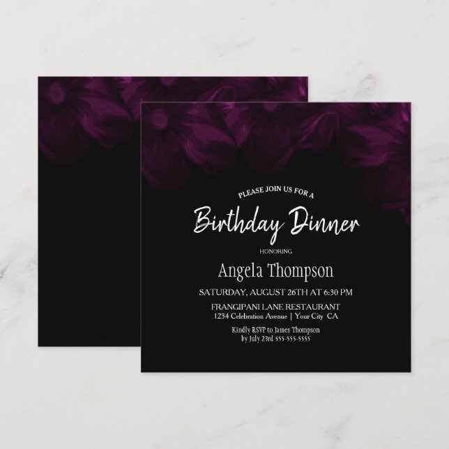 Moody Black with Pink Floral Birthday Dinner Party Invitation (Front/Back)