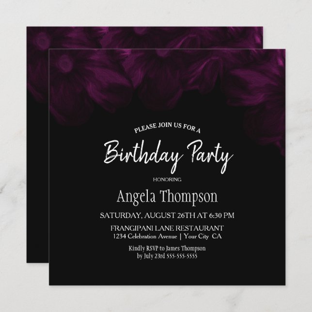 Moody Black with Pink Floral Birthday Party Invitation (Front/Back)