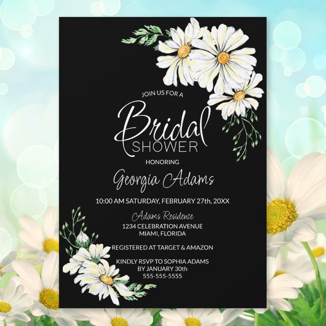 Moody Black with White Daisies Bridal Shower Invitation (Creator Uploaded)