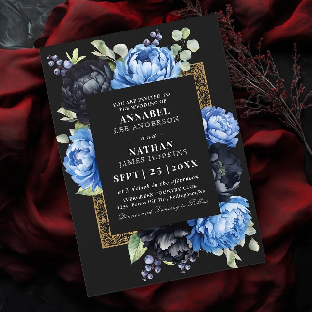 Moody Blue and Black Elegant Floral Wedding  Invitation (Creator Uploaded)
