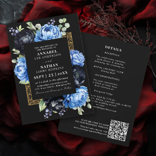 Moody Blue Black Elegant Floral Wedding QR Code Invitation