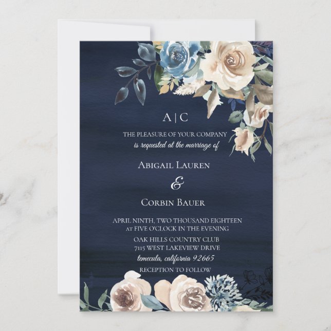 Moody Blue Champagne Floral Wedding Invitation (Front)