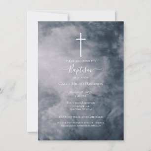 Moody Blue Clouds Celestial Cross Baptism  Invitation