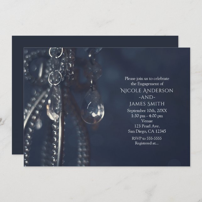 Moody Blue Elegant Crystal Engagement Invitations (Front/Back)