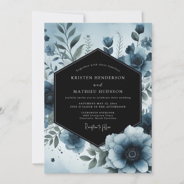 Moody Blue Floral Botanical Wedding Invitation (Front)