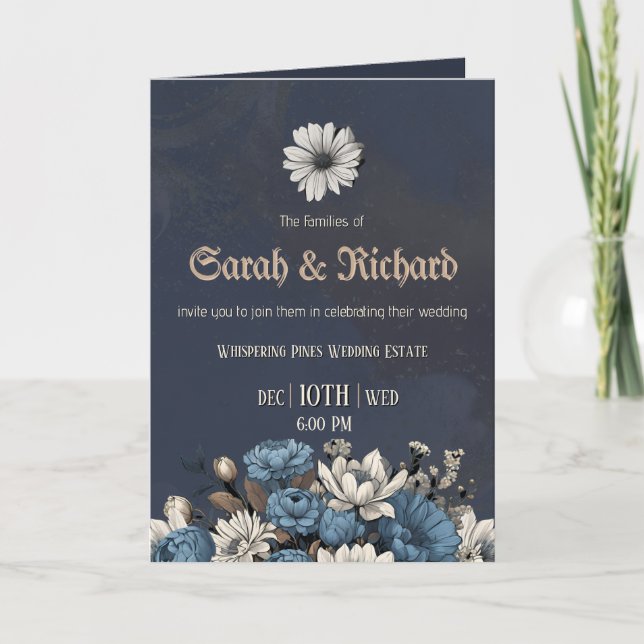 Moody Blue Floral Custom Photo Wedding  Invitation (Front)