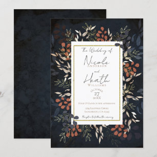 Moody Blue Gold Bold Botanical Leaves Wedding  Invitation