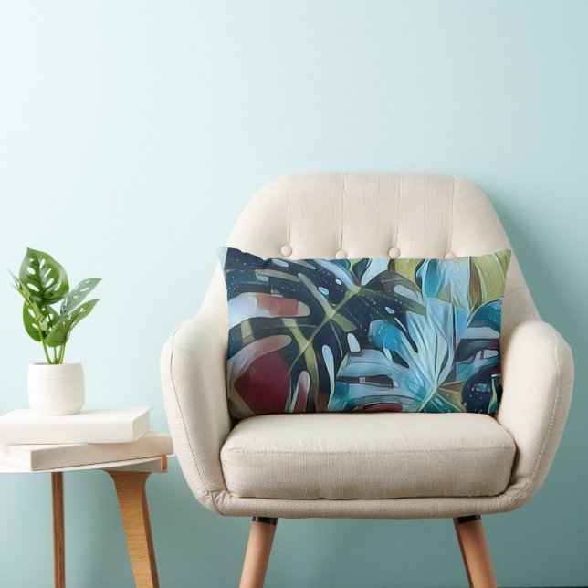 Moody Blue Monstera Leaves Botanical Theme Lumbar Cushion (Chair)