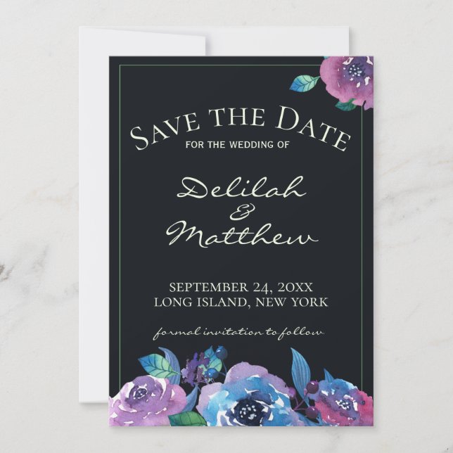 Moody Blue Purple Twilight Floral Save the Date (Front)