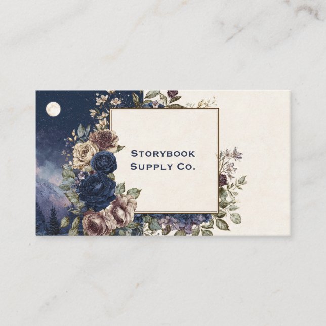 Moody Blue Rose Celestial Night Landscape Split Business Card (Front)
