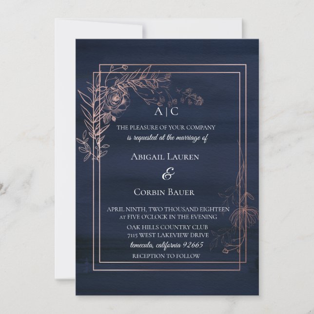 Moody Blue Rose Gold Wedding Invitation (Front)