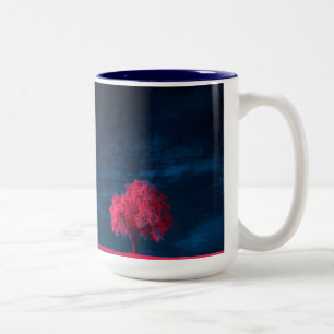 "Moody Blue Sky Pink Cherry Blossom Tree Mug" Two-Tone Coffee Mug