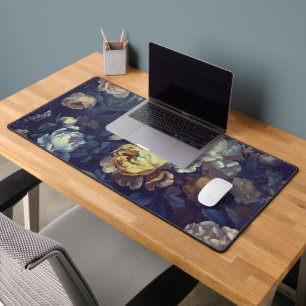 Moody Blue Teal Peony Floral Dark Romantic  Desk Mat