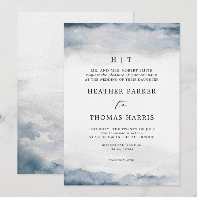 Moody Blue Watercolor Classic Elegant Wedding Invitation (Front/Back)