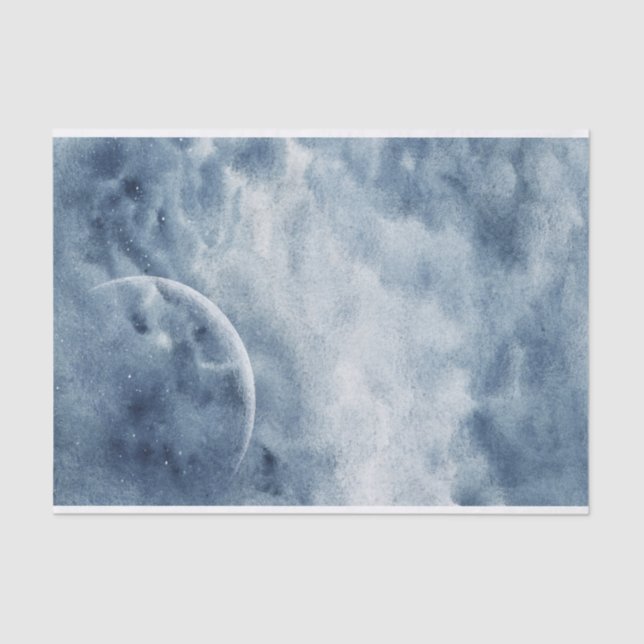 Moody blue watercolor sky stars crescent moon tissue paper (Front)