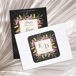 Moody Blush Lily Black Floral Monogram Wedding Square Sticker