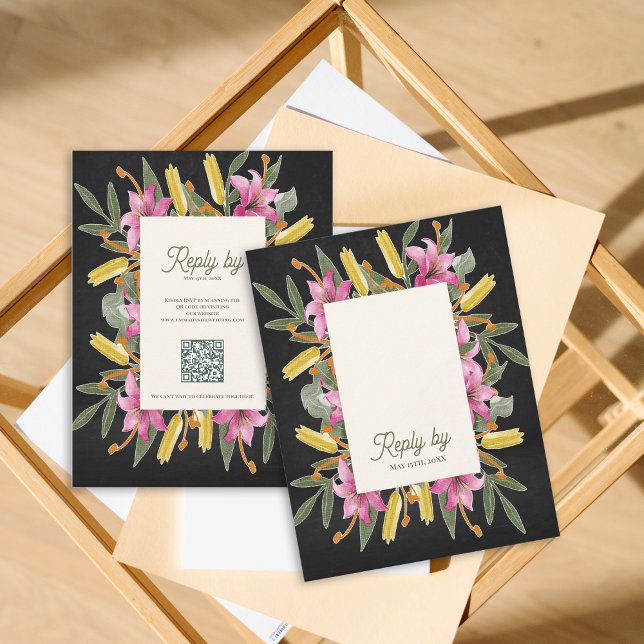 Moody Blush Lily Wedding RSVP Card with QR Code (Moody Blush Lily Wedding RSVP Card with QR Code | Elegant Black Floral Botanical Reply Card)