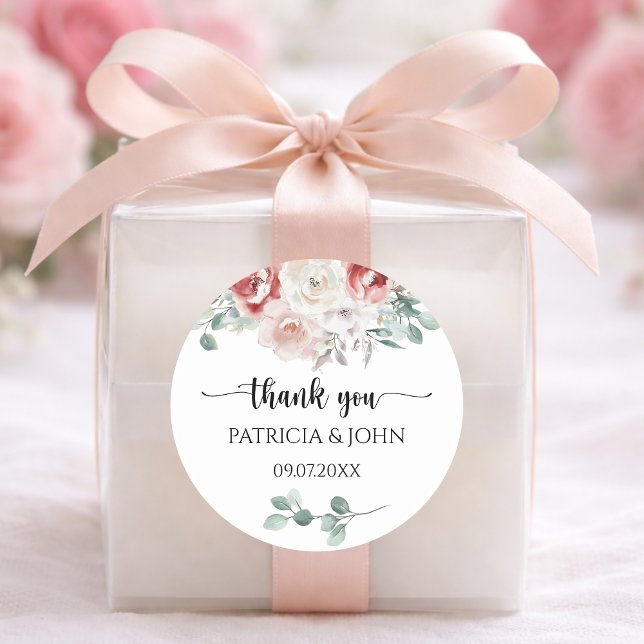 Moody Blush Rose Floral Wedding Thank You Classic Round Sticker (Creator Uploaded)