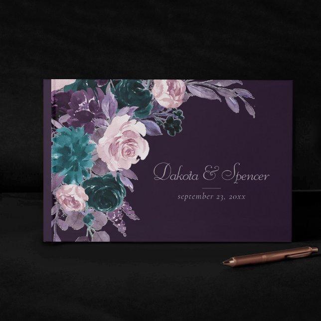 Moody Boho | Dark Eggplant Purple and Teal Bouquet Guest Book (Creator Uploaded)