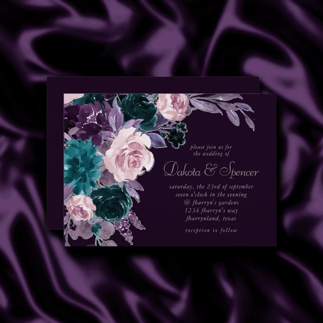 Moody Boho | Dark Eggplant Purple and Teal Bouquet Invitation (Creator Uploaded)
