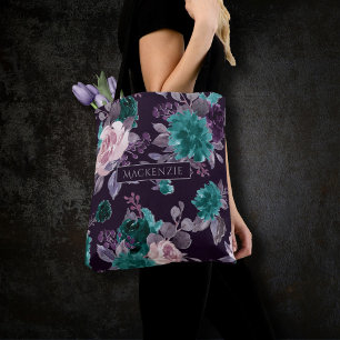 Moody Boho Dark Eggplant Purple and Teal Custom Tote Bag