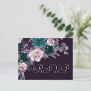 Moody Boho   Dark Eggplant Purple Teal Floral RSVP Postcard