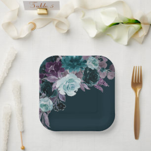 Moody Boho Deep Teal and Eggplant Purple Bouquet Paper Plate