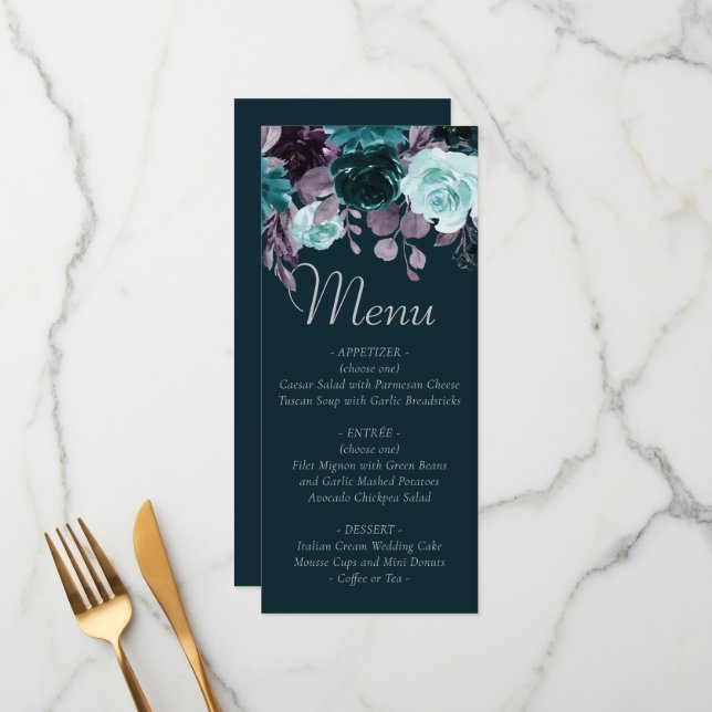 Moody Boho | Deep Teal and Purple Floral Garland Menu (Front/Back In Situ)