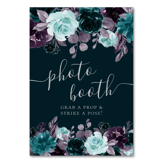 Moody Boho | Deep Teal Floral Garland Photo Booth Table Number (Front)