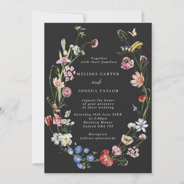 Moody Boho Dutch Flowers & Butterflies Wedding Invitation (Front)