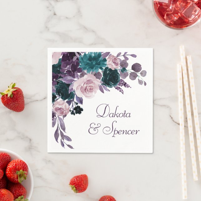 Moody Boho | Eggplant Plum Purple Floral Wedding Napkin (Insitu)