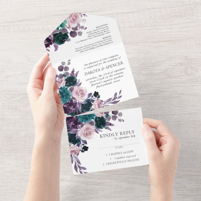 Moody Boho | Eggplant Purple and Teal Dark Floral All In One Invitation (Tearaway)