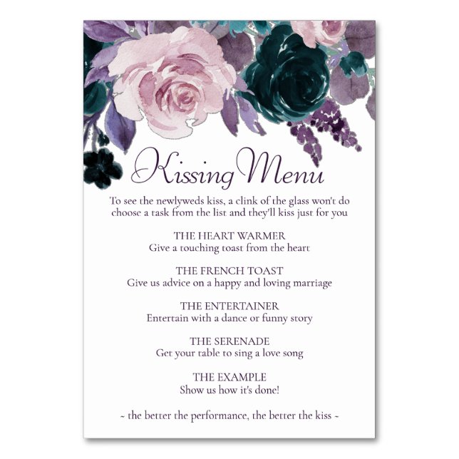 Moody Boho | Eggplant Purple and Teal Kissing Menu Table Number (Front)