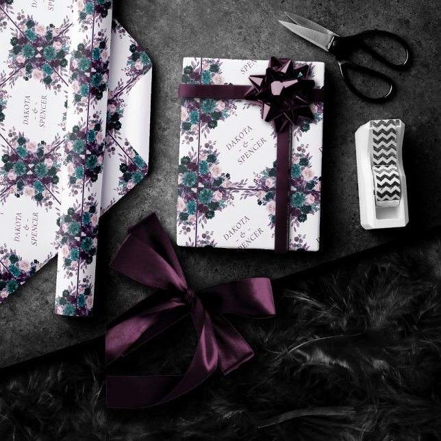 Moody Boho | Eggplant Purple and Teal Monogram Wrapping Paper (Creator Uploaded)