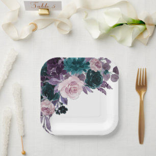 Moody Boho Eggplant Purple and Teal Rose Bouquet Paper Plate