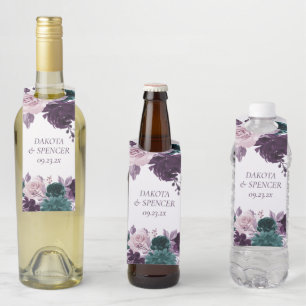 Moody Boho Eggplant Purple and Teal Rose Custom Bottle Tag