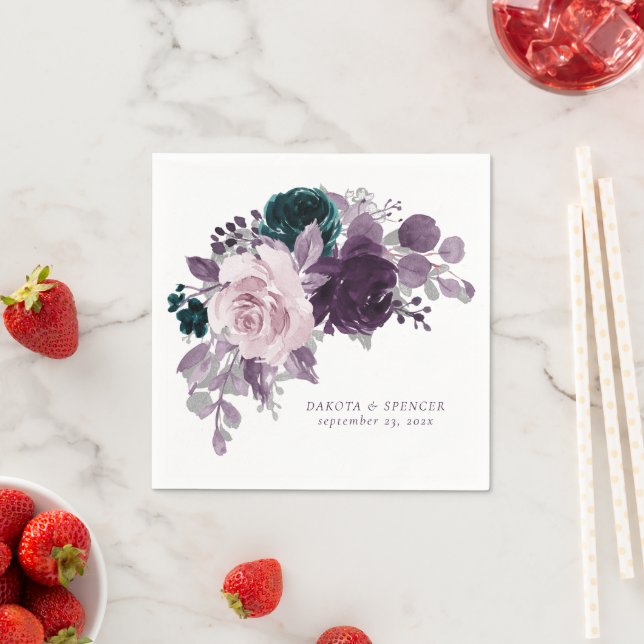 Moody Boho | Eggplant Purple and Teal Rose Custom Napkin (Insitu)