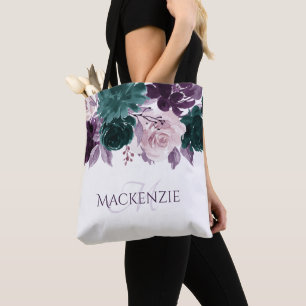 Moody Boho Eggplant Purple and Teal Rose Custom Tote Bag