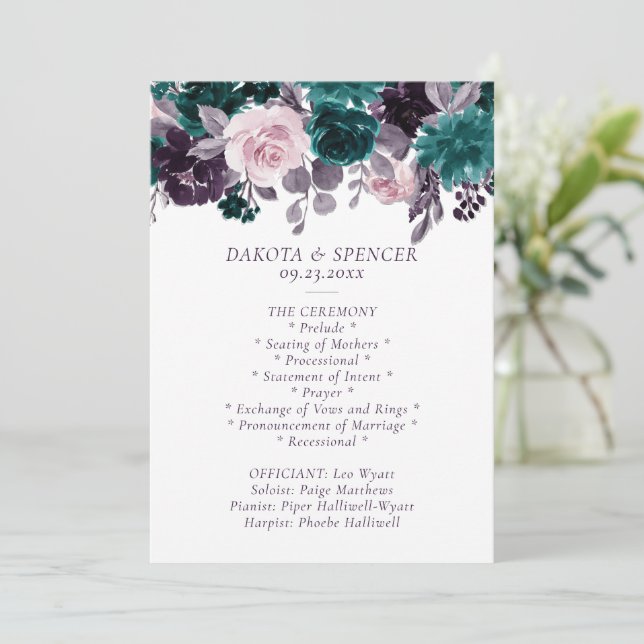 Moody Boho | Eggplant Purple and Teal Rose Garland Programme (Standing Front)
