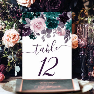 Moody Boho Eggplant Purple and Teal Rose Garland Table Number