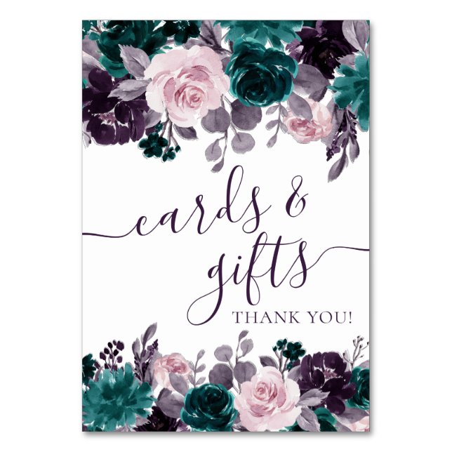 Moody Boho | Eggplant Purple and Teal Rose Gift Table Number (Front)