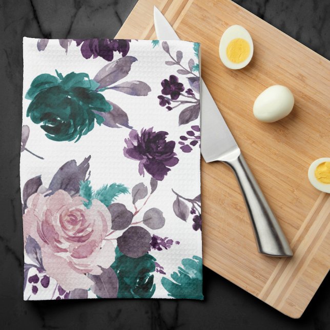 Moody Boho | Eggplant Purple and Teal Rose Pattern Tea Towel (Creator Uploaded)