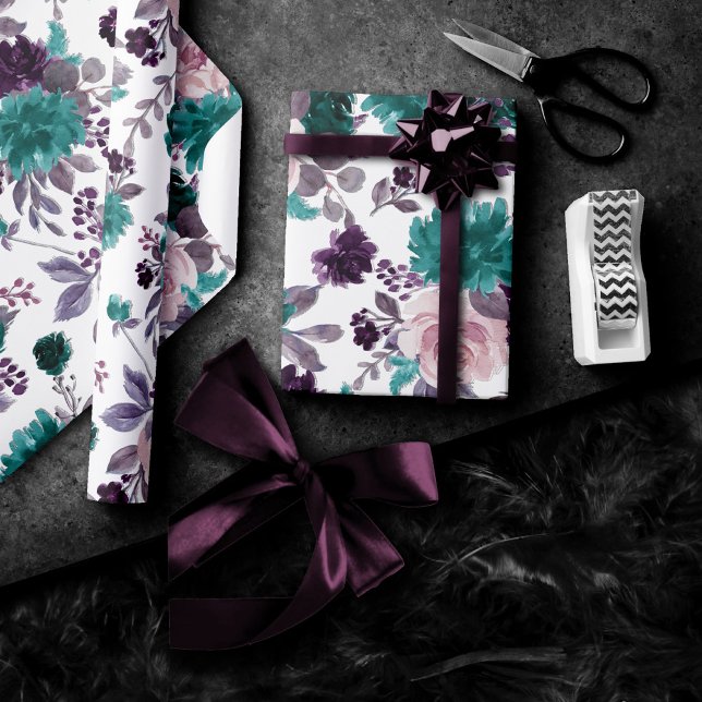 Moody Boho | Eggplant Purple and Teal Rose Pattern Wrapping Paper (Creator Uploaded)