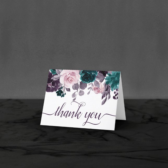 Moody Boho | Eggplant Purple and Teal Rose Photo Thank You Card (Creator Uploaded)